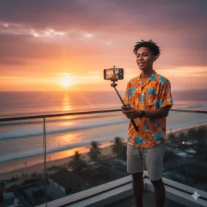 Cowok muda buat konten dengan latar belakang sunset Bali_Selscope.com dengan Gemini