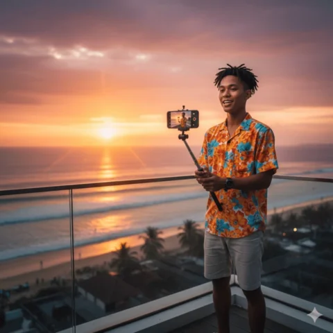 Cowok muda buat konten dengan latar belakang sunset Bali_Selscope.com dengan Gemini