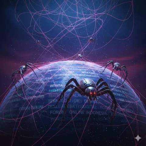 Ilustrasi Crawler mesin pencari menjelajahi website di seluruh dunia hingga terindeks di Google.