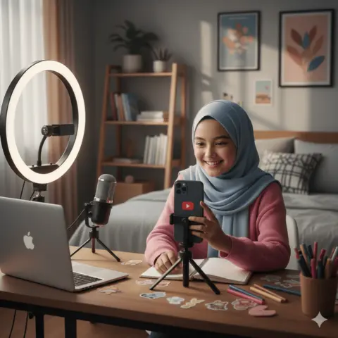 Ilustrasi cewek bikin konten di rumah_Selscope.com dengan Gemini AI